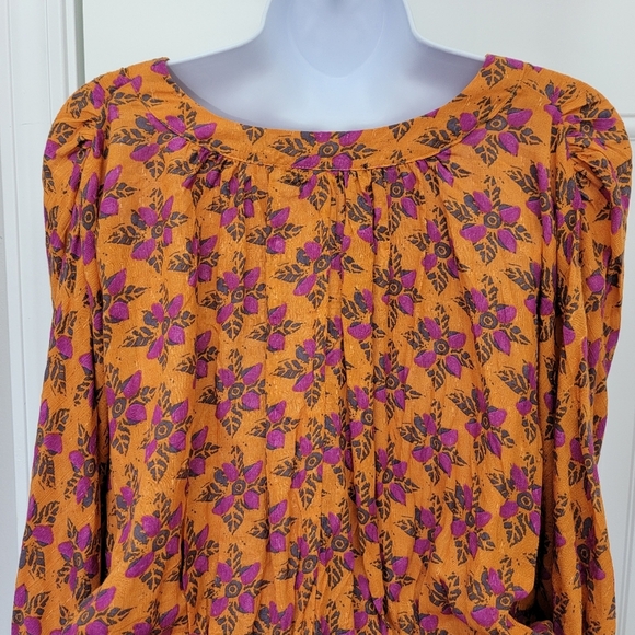 NWOT Rachel Roy Orange Purple Cropped Ruched Waist Tie Long Sleeve Blouse M - Picture 2 of 10
